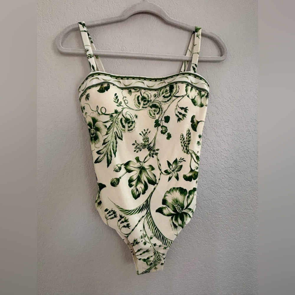 Elegant Green Floral One-Piece Swimsuit - Cream & Green